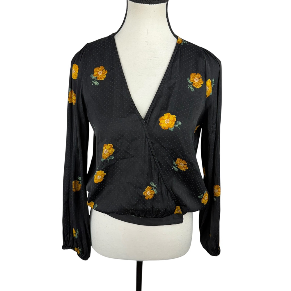 Madewell Black Floral Wrap Blouse Romantic Sheer Long Sleeve XS - Picture 2 of 11